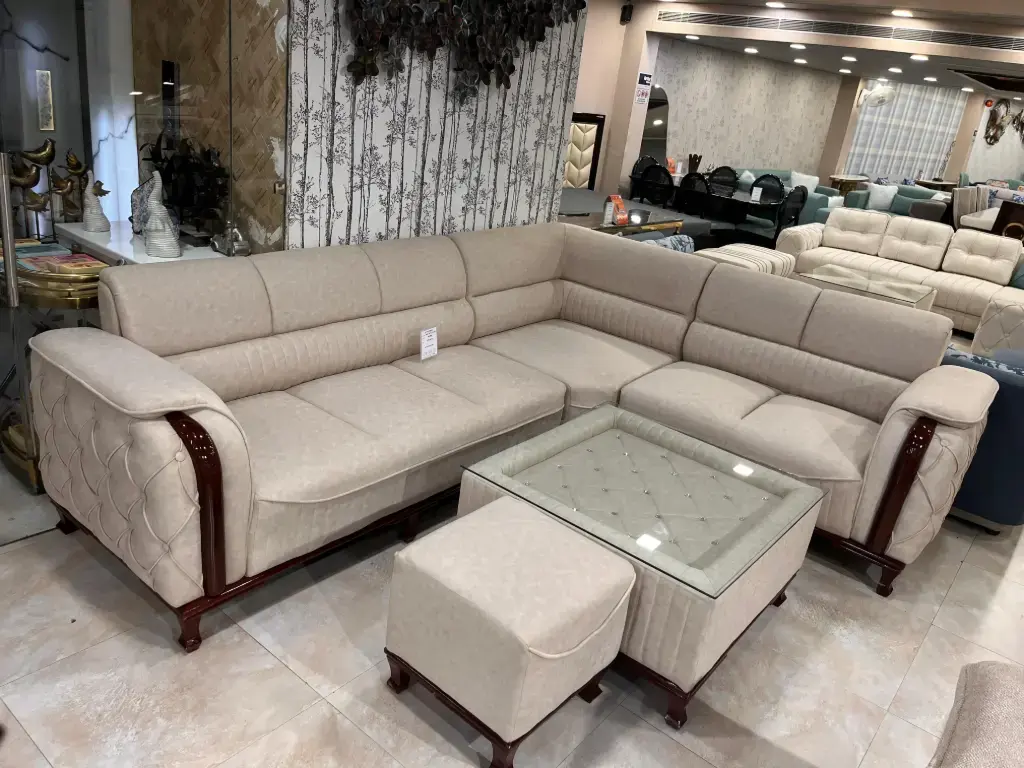 China Gate Sofa Set – Luxury L-Shaped Sofa with puffy & Glass Table.webp