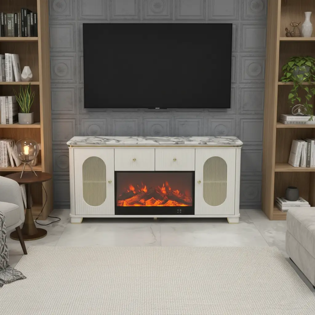 Wooden Console With White Top Marble 