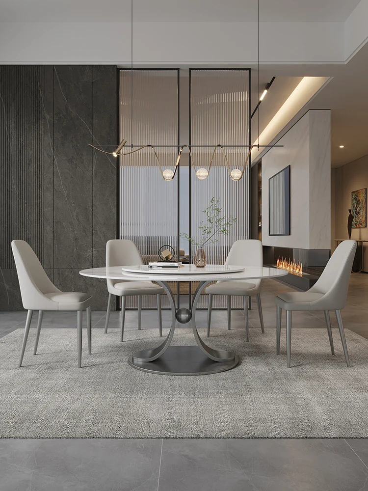 Italian Rock Plate Round Dining Table with Turntable & 6 Upholstered Chairs