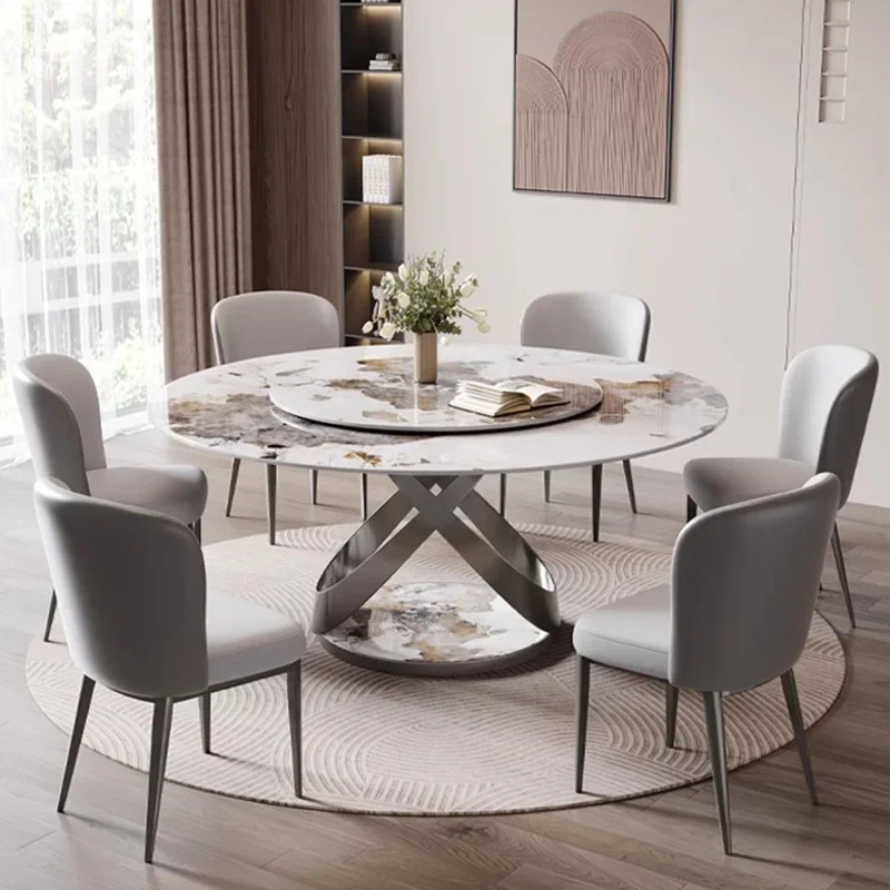 Round Marble Dining Table with Turntable & 6 Upholstered Chairs