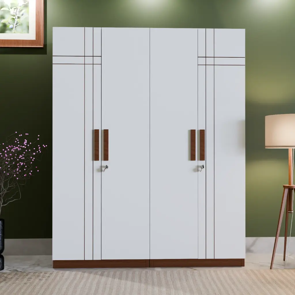 Chess Double Almirah – White & Brown, 4-Drawer Wardrobe