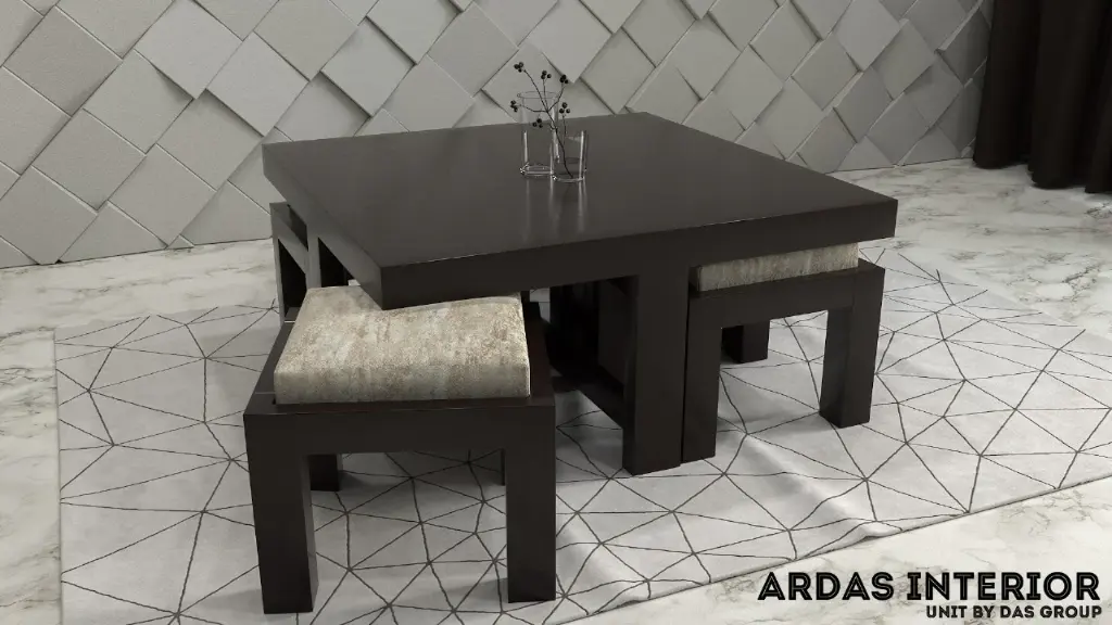 Wooden Square Centre Table with 4 Puffy Stools – Space-Saving Combo for Living Room