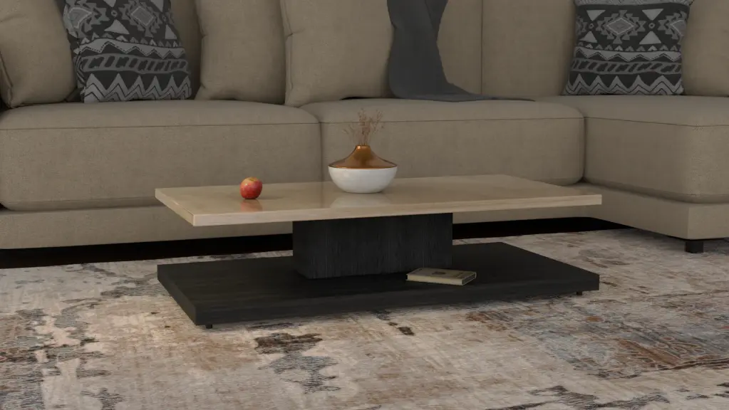 Cream Marble Top Coffee Table with Grey Wood Base – Low-Profile Modern Design