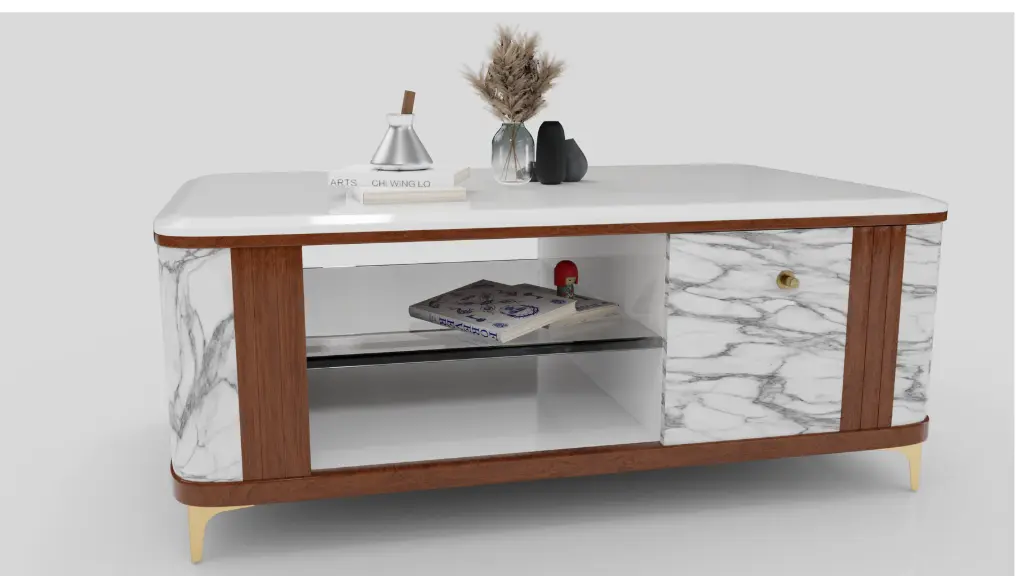 Marble Top Coffee Table with Wooden & White Finish – Elegant Storage Design