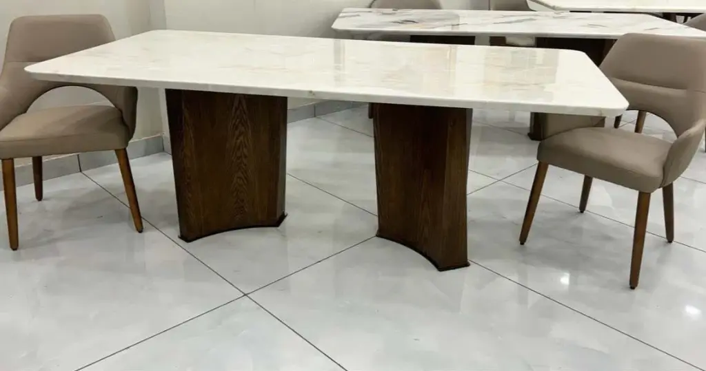 Large 8 Seater White Marble Dining Table Set with Wooden Base — Elegant & Modern