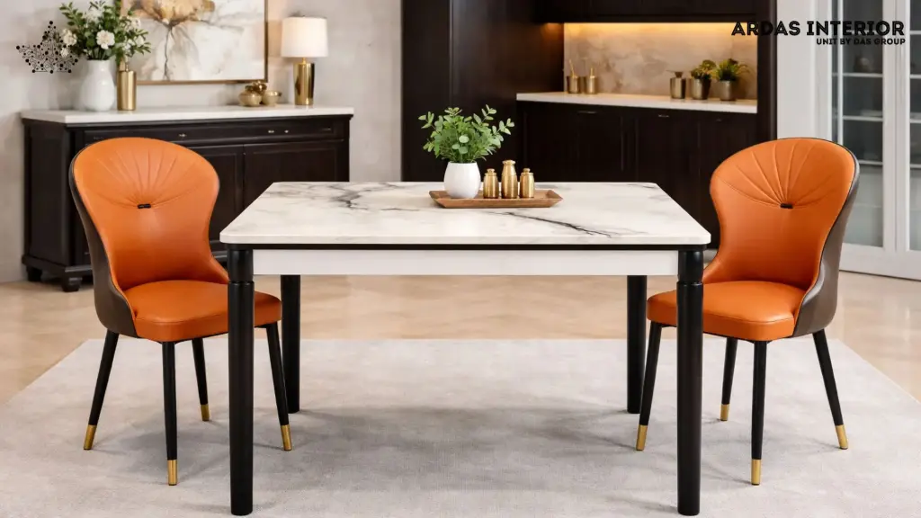 ARDAS INTERIOR | ARIAL LUXE WHITE MARBLE SLEEK & STYLISH COMPACT DINING SET | 6- SEATER