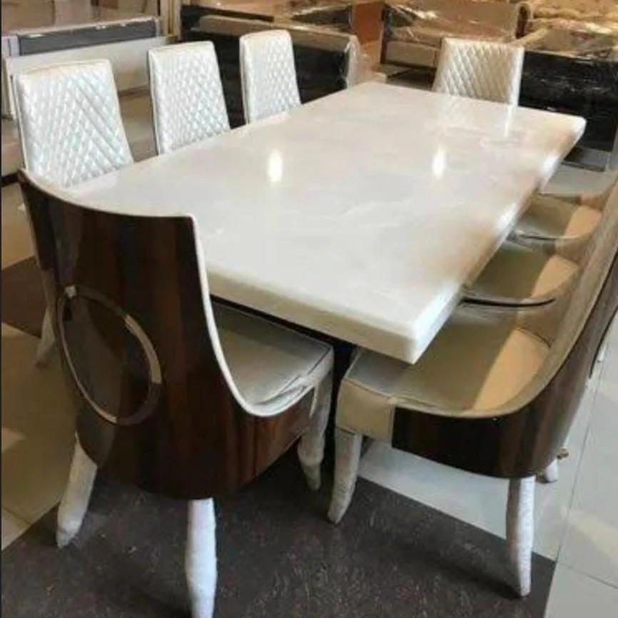 Elegant 8-Seater White Marble Dining Set with Premium Wooden Chairs in Soft Cushions