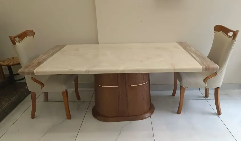 Elite Sleek White Marble Dining Table Set with Wooden Base & Premium Chairs