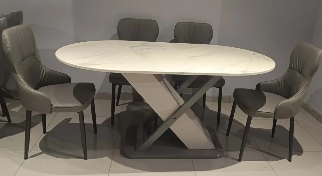 Eleganza Oval White Italian Marble Dining Set – Wooden Base & Premium Chairs
