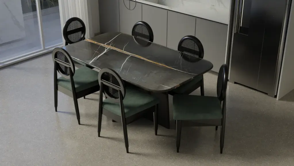 Six-Seater Black Marble Top Dining Table with Sturdy Frame