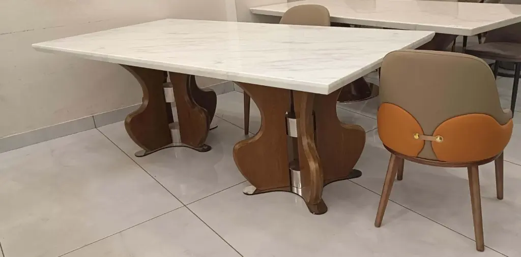 Sleek Aura Marble Dining Table – White Marble Top with Wooden Base & Metal Frame