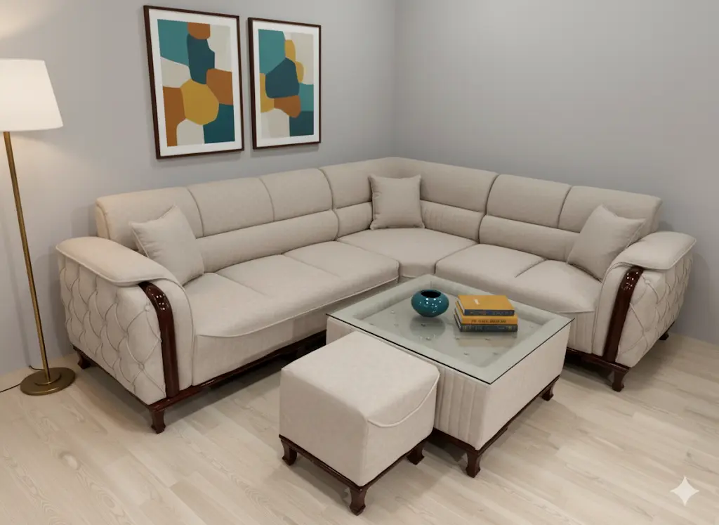 China Gate Sofa Set – Luxury L-Shaped Sofa with puffy & Glass Table