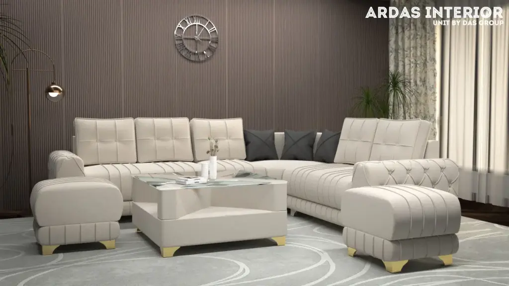 ARDAS INTERIOR NEW YORK L SHAPE SOFA WITH TABLE AND 2 PUFFY
