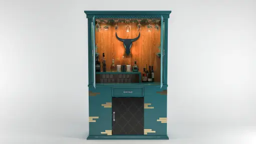 Stylish Teal Bar Cabinet with Glass Holders & Storage 