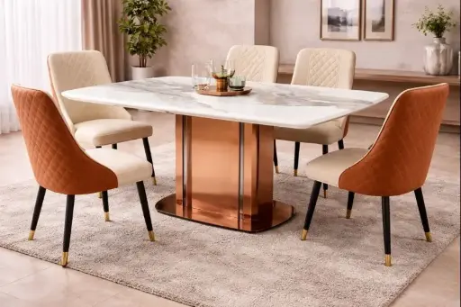 ARDAS INTERIOR | 6-SEATER DINING TABLE WITH SLIM ITALIAN IMPORTED MARBLE TOP & PREMIUM QUALITY CHAIRS.