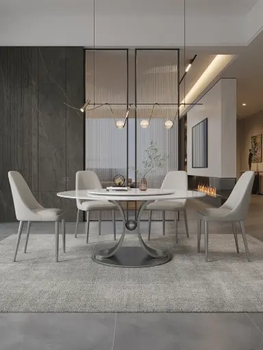 Italian Rock Plate Round Dining Table with Turntable & 6 Upholstered Chairs