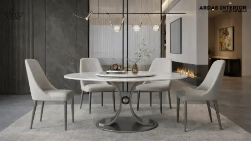 Italian Rock Plate Round Dining Table with Turntable & 6 Upholstered Chairs