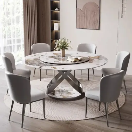 Round Marble Dining Table with Turntable & 6 Upholstered Chairs