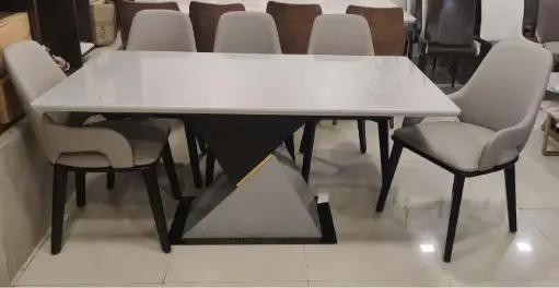 Modern 7-Seater Dining Set with White Marble Top & Geometric Base 