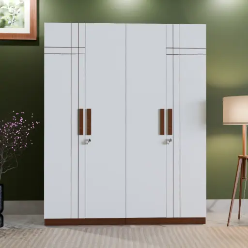 Chess Double Almirah – White & Brown, 4-Drawer Wardrobe