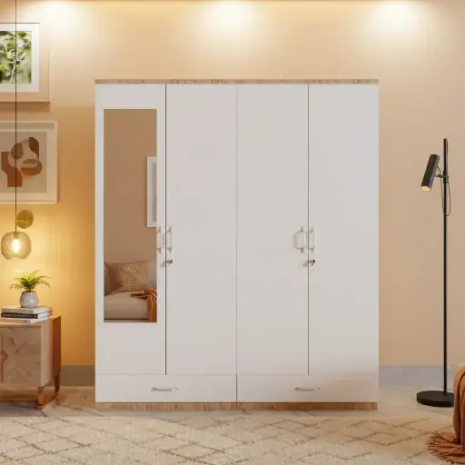 Alvor White Frosty Double Almirah with 4 Drawers – Modern Wardrobe