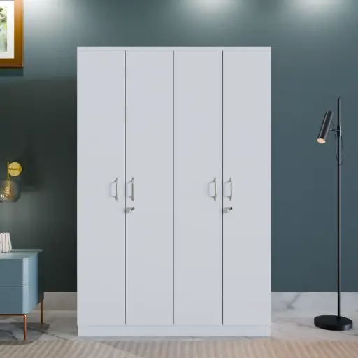Snow White Four-Door Wooden Almirah – Bright & Spacious Storage