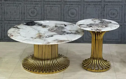 Marble Centre Table & Side Table Set – Gold Base Luxury Combo 