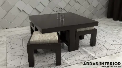 Wooden Square Centre Table with 4 Puffy Stools – Space-Saving Combo for Living Room