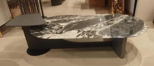 Zenith Oval Marble Centre Table with Attached Side Shelf – Modern Living Room Design