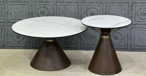 Exclusive Marble Centre Table Set – Designer Conical Wooden Base Combo
