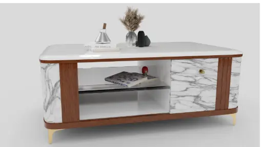 Marble Top Coffee Table with Wooden & White Finish – Elegant Storage Design