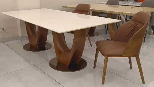 Albero White Marble Dining Table Set for 8 with Wooden Base & Modern Chairs