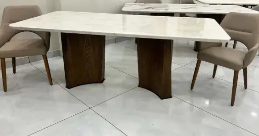Large 8 Seater White Marble Dining Table Set with Wooden Base — Elegant & Modern