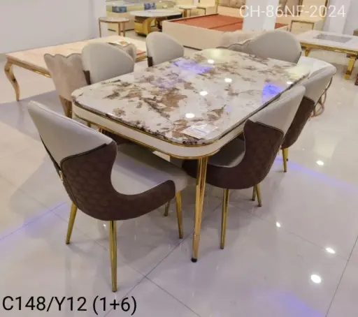 Marble Dining Table Set for 6 – Modern Table with Golden Legs & Chairs