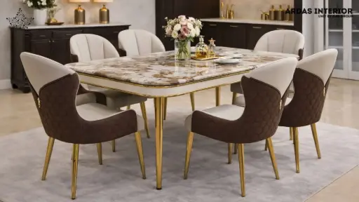 Marble Dining Table Set for 6 – Modern Table with Golden Legs & Chairs