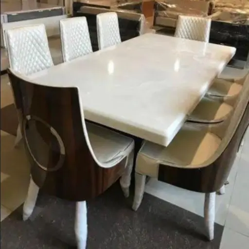 Elegant 8-Seater White Marble Dining Set with Premium Wooden Chairs in Soft Cushions