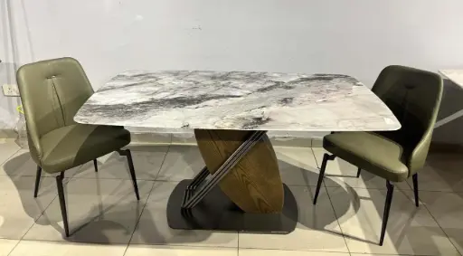 Elegant Harmony Marble Dining Table with Designer Wooden Base and Cushioned Chairs