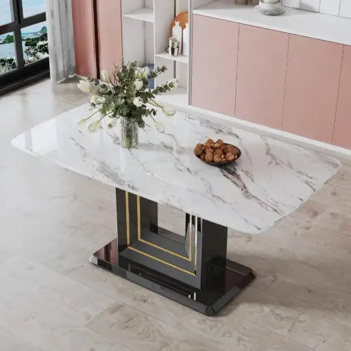 Aurora Gold-Line Marble Dining Table with Black Base & White Marble Top