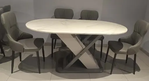 Eleganza Oval White Italian Marble Dining Set – Wooden Base & Premium Chairs