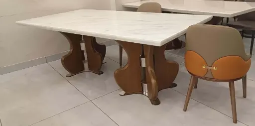 Sleek Aura Marble Dining Table – White Marble Top with Wooden Base & Metal Frame