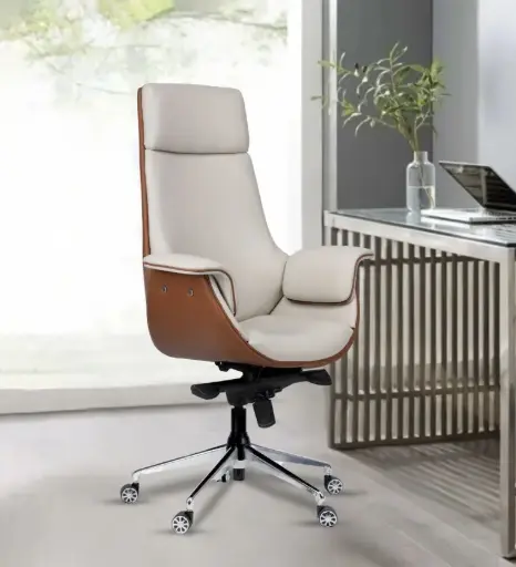 Flow High-Back Leatherette Office Chair – Cream & Tan | ArdasInterior